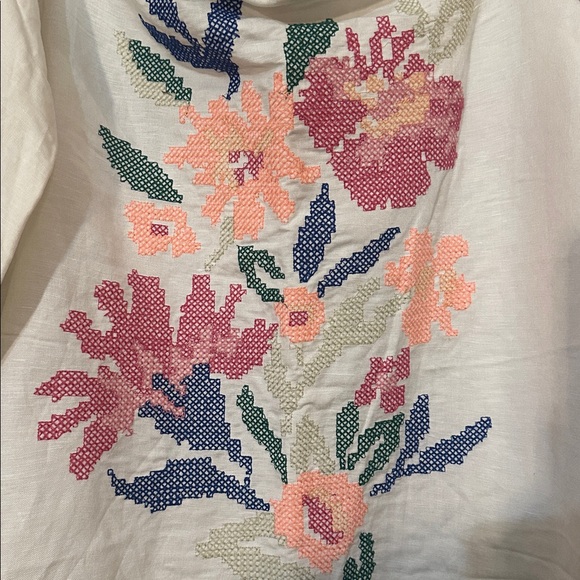 Ann Taylor Linen White Blouse Colorful Embroidered Floral Puff Sleeve Top Medium - Picture 5 of 11